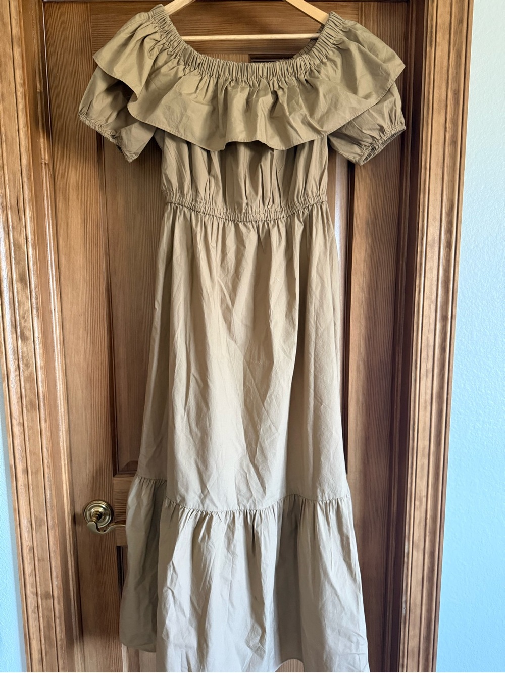 LOFT Khaki Off-Shoulder Ruffle Tiered Maxi Dress